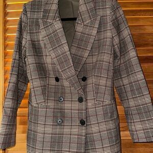 Express Gray Plaid Double-Breasted Blazer with Red Windowpane